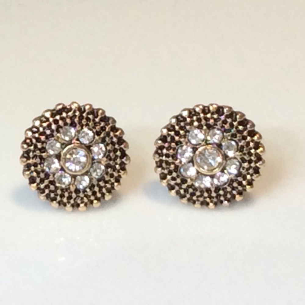 Round, Gold-Tone Metal Stud Earrings with a Clear Rhinestone Cluster